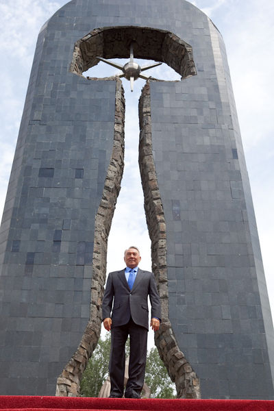 President Nursultan Nazarbayev at a memorial to the victims of nuclear testing in the town of Semey, formerly Semipalatinsk.
