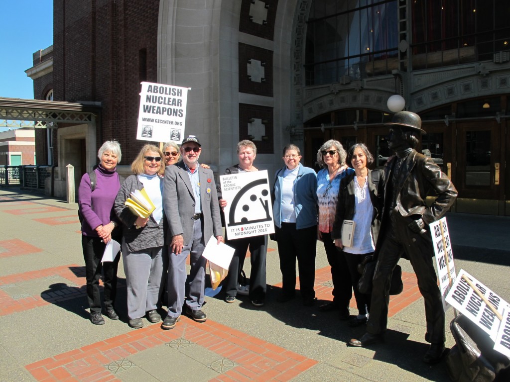 Bangor Eight defendants (L to R): Anne Hall, Mary Gleysteen, Ann Kittredge, Michael Siptroth, Emilie Marlinghaus, Betsy Lamb, Peggy Love, Elizabeth Murray