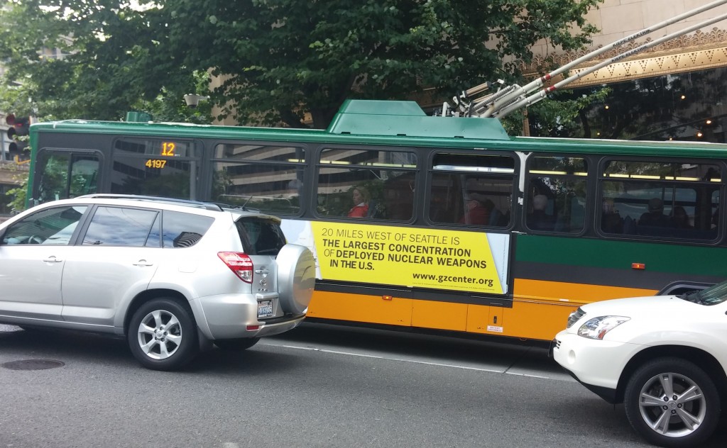 King County Metro Transit bus on June 21st at 2nd and Madison in downtown Seattle. (Photo credit: Mira Leslie )